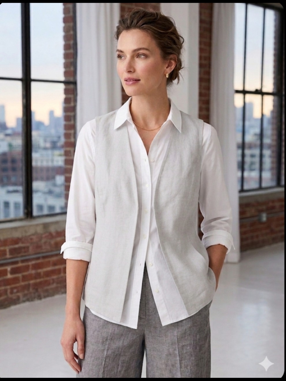 J Jill 100% Linen Vest Women L Gray Summer Coastal Preppy Old Money Quiet Luxury